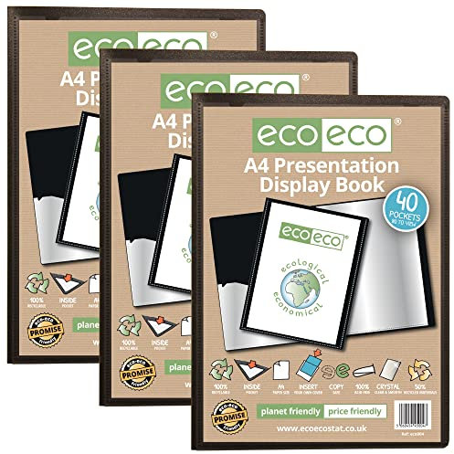 eco-eco eco004x3 Präsentationsbuch, A4, 50% recycelt, 40 Taschen, Schwarz, Aufbewahrungsbox, Portfolio-Kunstmappe mit Kunststoffhüllen, 3 Stück