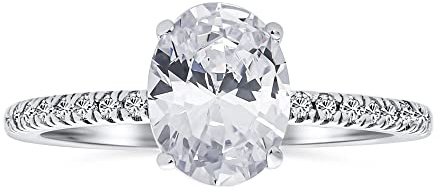 Bague de fiançailles solitaire ovale à coupe brillante 6x8 MM CZ AAA 2CT intemporelle traditionnelle pour femmes, zircon cubique, bande fine délicate pavée en argent sterling .925