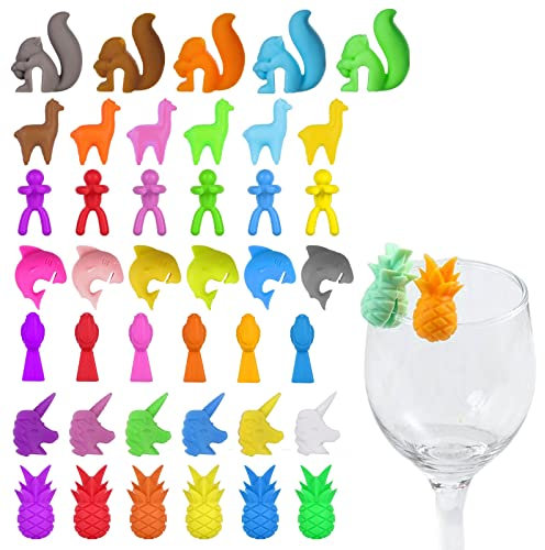 Vegena Glasmarkierer Glasmarker Silikon, 41 Stücke Glas Markierung, Wiederverwendbarer Wein Marker für Weinglas, Teebeutelhalter, Champagnerglas, Cocktailglas, Martini-Glas