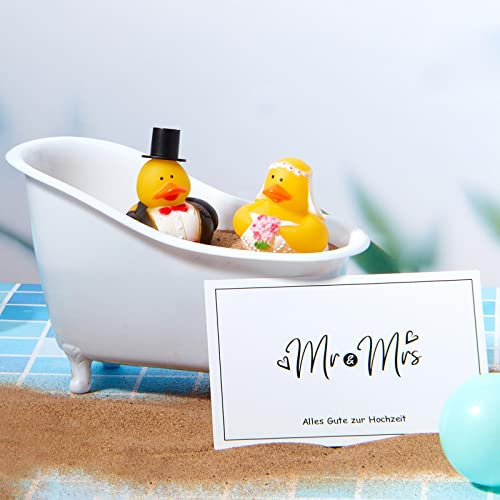 2 Stück Braut und Bräutigam Gummienten Mini Hochzeitspaar Enten mit Dekorativer Badewanne Grußkarte und Dekorativem Hut für Hochzeit Brautpaar Geschenk Kuchen Toppers