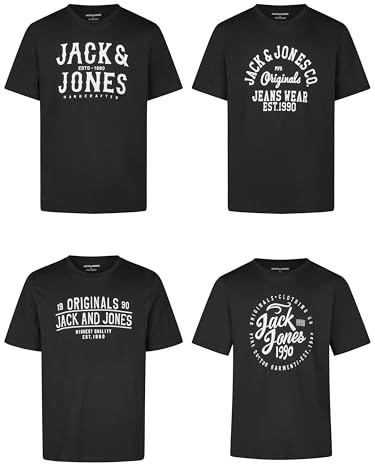 JACK & JONES JJLINO Camiseta, Paquete de 4 Unidades, Cuello Redondo, Manga Corta, Corte Regular, Estampado de Verano, 100% algodón