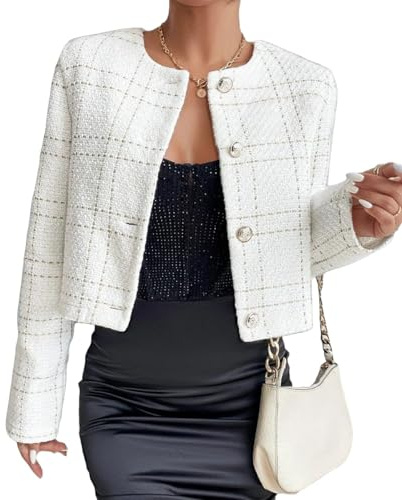 Mina Self 2026 Spring Women's Tweed Blazer - Collarless Plaid Cropped Open Front Casual Fashion Office Jacket with Pockets, White, L
