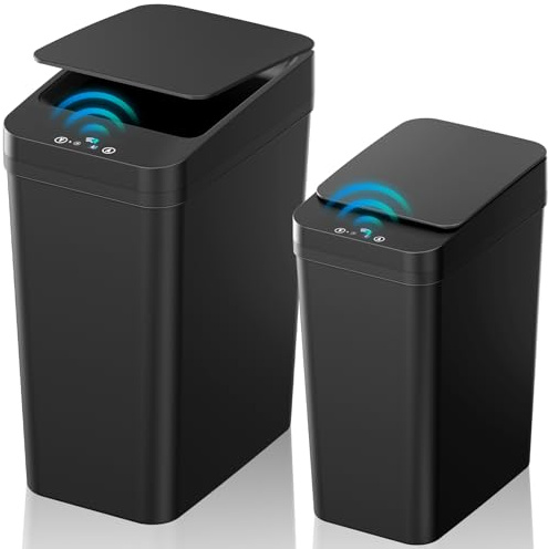Bathroom Trash Can with Lid, 2 Pack 4 & 2.2 Gallon Automatic Touchless Garbage Can, Small Motion Sensor Smart Trash Can, Slim Waterproof Trash Bin for Bedroom, Bathroom, Office, Living Room (Black)