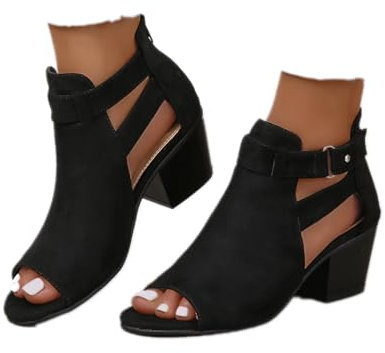 ZBYY Womens Peep Toe Ankle Booties Chunky Heels Cutout Back Zipper Sandals Suede Side Ankle Strap Dress Sandals, Black, 8 UK