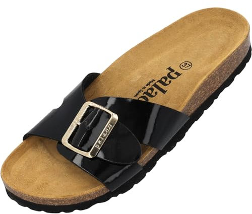 Palado Pantoletten Damen Tinos - bequeme Sandalen Made in Spain - elegante Hausschuhe mit Kork-Fußbett - modische Sommerschuhe Schwarz Lack/Gold UK6 - EU39