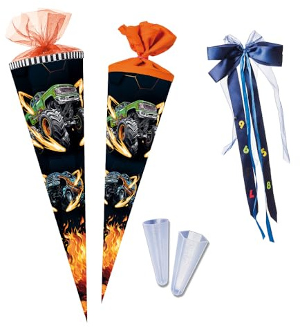 Nestler School Cone Set for Filling, Handmade Cardboard Sugar Cone - Monster Truck on Fire Motif, School Cone, Lace Protector, Bow (70 cm Round)