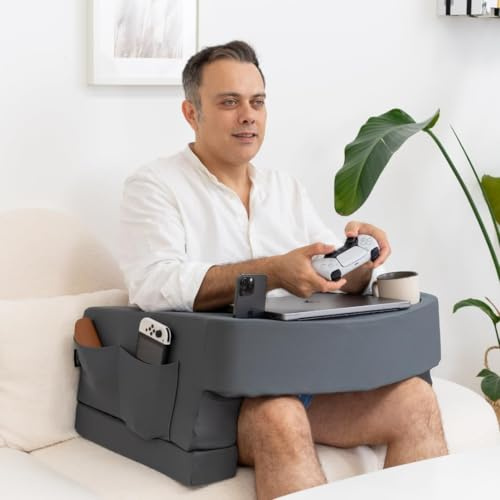 TabCouchCaddy Reading Pillow for Gaming – Extra Large Lap Desk & Arm Rest with Cup & Phone Holder, Adjustable Heights, Laptop Support, Large Pockets – Comfortable for Work, Gaming & Crocheting (Grey)
