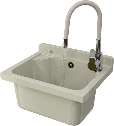 Set Lavandino + Sifone + Rubinetto - Lavatoio da Esterno 42x 34x24 cm - Lavandino esterno per lavanderia, garage, giardino - Lavabo Resistente agli acidi e alle sostanze chimiche - Beige - Granitan
