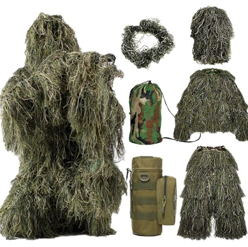 Aikelai 6 in 1 Ghillie Suit for Hunting,3D Camouflage Hunting Apparel Including Jacket,Pants,Carry Bag,Hood,Water Bottle Pouch,Suitable for Unisex Adults