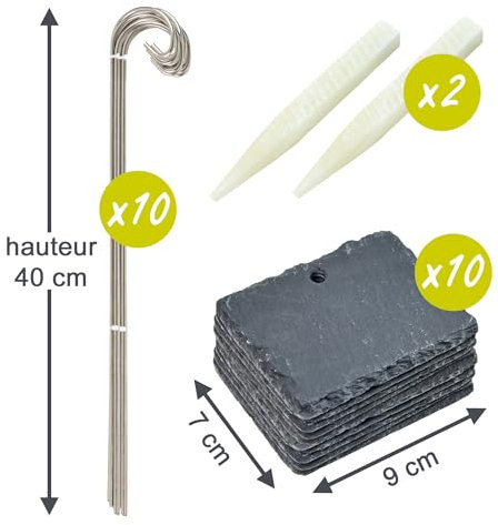 10 Etiquettes Ardoise Naturelle 9x7 cm,10 piquets métal 40cm, 2 craies - Marque plante réutilisable pour jardin, potager.