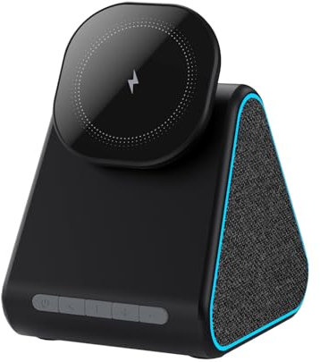 Chargeur sans fil pour téléphone portable, haut-parleur avec son surround HD, base d'accueil à charge rapide, station audio de charge rapide pour bureau, chambre, salon, bureau, 7,9 x 9,1 x 11,6 cm