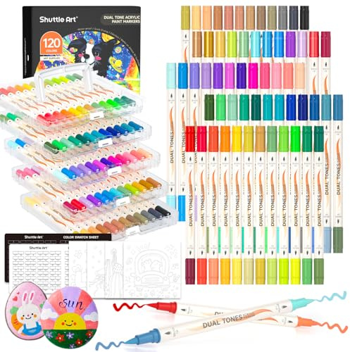 Shuttle Art 120 Colours Acrylic Paint Pens, 60 Pcs Dual Colours Acrylic Markers, Dual Tip Colouring Pens, Paint Markers for Rock Painting, Ceramic, Wood, Canvas, Glass, Stone, Fabric