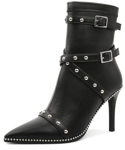 Joseywade Black Ankle Boots for Women Pointed Toe 3.5 Inch Stiletto High Heel Short Booties Beaded Studded Straps Boots Black Leather Size 7