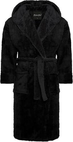 MICHAEL PAUL Dressing Gowns for Men | Super Soft Snuggle Hooded Dressing Gown in | Men's Warm and Cozy Fleece Nightwear Robe | Gifts for Him Black/black L