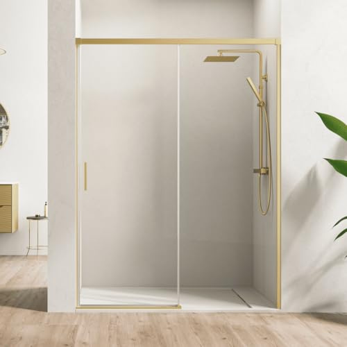 Mampara Ducha Frontal 1 puerta 1 fijo Corredera | Vidrio Templado 6mm Antical Transparente | Altura 195cm |Perfil Oro 115 cm (Adaptable 109-114cm)