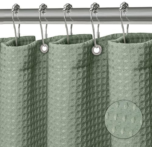 KAIMEIYU Cortina de Ducha Poliéster Cortina de Baño con 12 Metal Ganchos Cortina Bañera Lavable a Máquina Impermeable Gofre 180 x 180 cm Verde