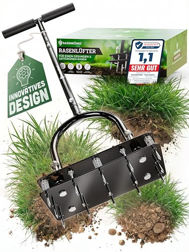 RASENKÖNIG Rasenlüfter Pro | Innovative Aerifiziergabel | Rasenbelüfter Vertikutierer und Aerifizierer für Rasenbelüftung | Premium Gartengerät zum Rasen belüften und auflockern – Selbstreinigend