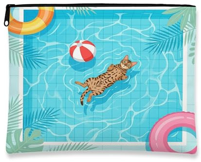 Bengal Cats Makeup Bag, Cute Pool Lifebuoys Tropical Cosmetic Travel Pouch for Women, Gifts for Girls, Pet Portable Small Canvas Zipper Organizer 7x9 Inch