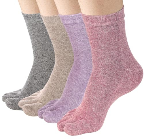 Meaiguo Women's Toe socks Cotton Crew Five Finger Socks For Running Athletic 4 Pack(Coffee/Grey/Purple/Pink)