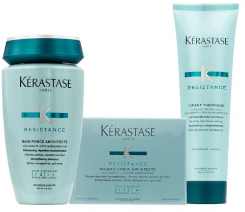 Kerastase Resistance Shampoo, Mask and Heat protector set, Contains Bain Force Architecte 250ml, Masque force architecte 200ml and Ciment Thermique Thermo-Seal 150ml
