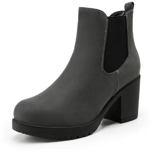 DREAM PAIRS Women's High Chunky Heel Chelsea Ankle Boots Slip On Elastic Fall Heeled Booties Shoes,Size 9.5,Grey,FRE