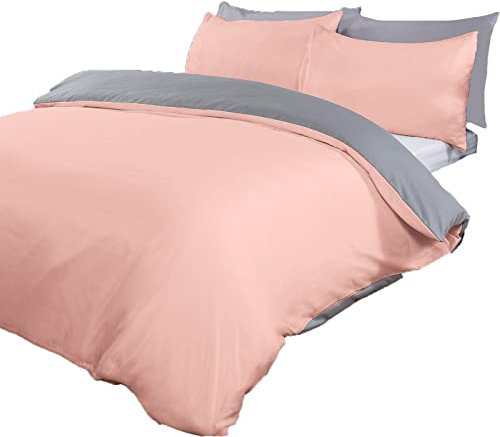 Brentfords Single Duvet Cover Set, Super Soft Cosy Warm Luxurious Plain Dye Modern Comfy Reversible Single Bedding Set with Matching Pillowcase - Blush Pink/Grey