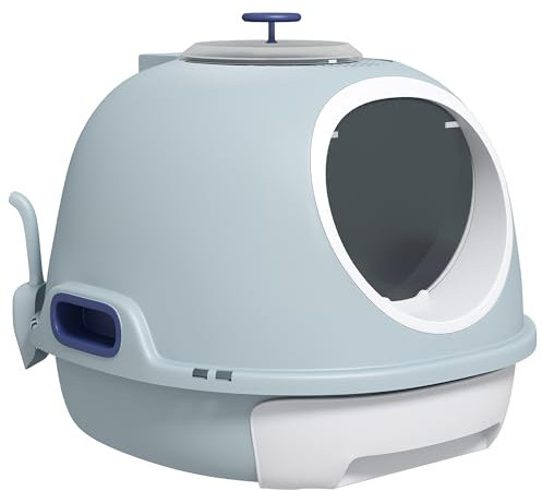 PawHut Caja de Arena para Gatos Arenero Cubierto con Cajón Arenero Cerrado para Gatos con Claraboya Abatible Bandeja Extraíble y Pala 47x55x44 cm Azul