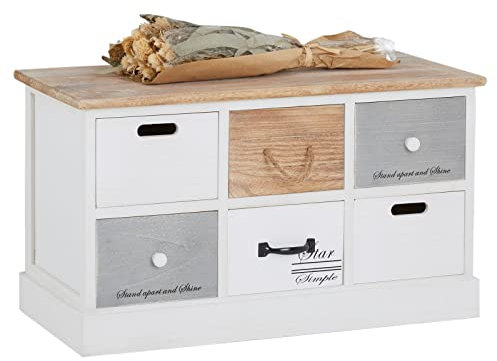 CARO-Möbel Sitzbank Salva mit 6 Schubkästen, praktische Garderobenbank, Schuhbank für den Flur, Sitztruhe in weiß im Vintage Shabby Look