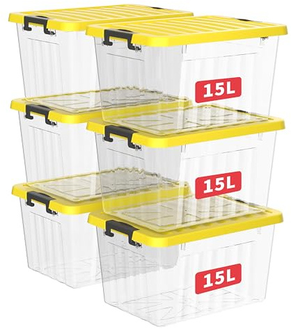 Cetomo 15L*3 Aufbewahrungsboxen, Rillen-verstärkte Kunststoffboxen mit Deckeln & Clips, Stapelbare Aufbewahrungskiste, Ordnungsboxen für Zuhause und Büro, PP, Transparent & Gelb, 15L (3er Pack)