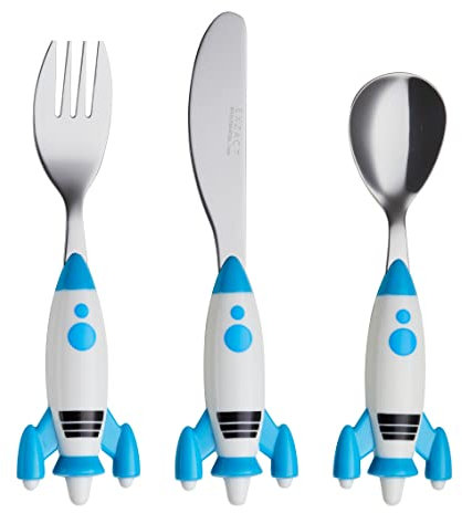 EXZACT Kinderbesteck 3-Teiliges Set Aus Edelstahl Mit Raumschiff-Griff – Kleinkind Und Kinder – 1 X Gabel, 1 X Sicheres Menümesser, 1 X Löffel, In Weltraum Und Raketen