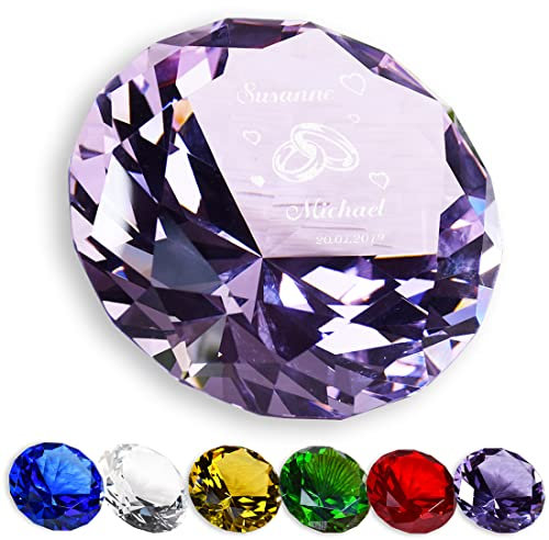 polar-effekt Diamantförmiger Kristall in Rosa aus Glas mit Gravur Motiv Trauringe - Diamant als Briefbeschwerer - Tischdekoration zur Hochzeit - Geschenkidee zum Jahrestag und Valentinstag