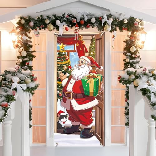 GEBETTER Decorazione Natalizie per Porta, Copertura Porta Babbo Natale Copriporta Natalizio, Addobbi Porta d’Ingresso Natale, Door Cover Christmas Sfondo Banner Casa (Babbo Natale)