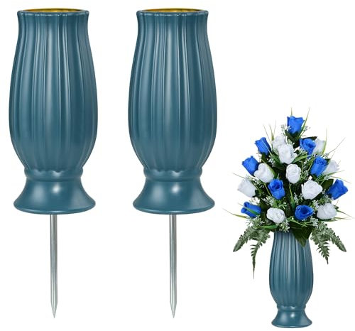 Cemetery Vase with Stakes,Fake Flowers Floral Holder Plastic Vase with Metal Spikes,Draining Holes for Indoor,Garden,Yard, Memorial Grave,Headstone Decor (2)