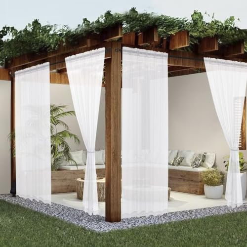 youleyar Durchsichtige Outdoor-Vorhänge, Terrasse, wasserdicht, 2 Paneele, Leinenoptik, Stangentasche, Innenbereich, Voile, Wohnzimmer Schlafzimmer Veranda Pergola Cabana Pavillon, 132 x 213 cm, Weiß