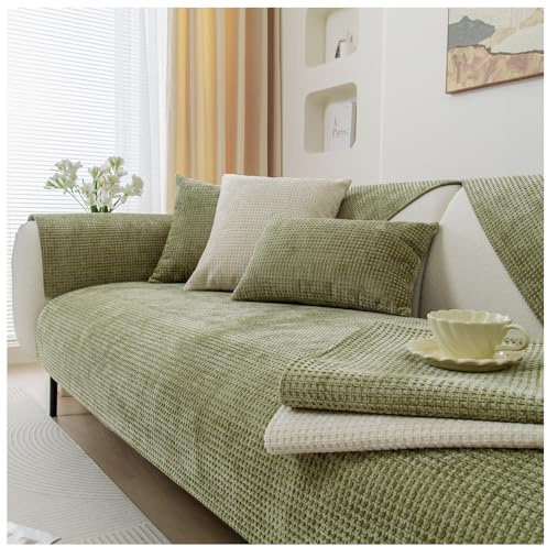 NUODWELL Soft Chenille Sofa Cover 1/2/3/4 Seater, Universal Non-Slip L Shape Couch Cover, Thick Sofa Protector Quilted Corner Slipcovers Washable for Living Room (Green-B, 90 * 160cm)