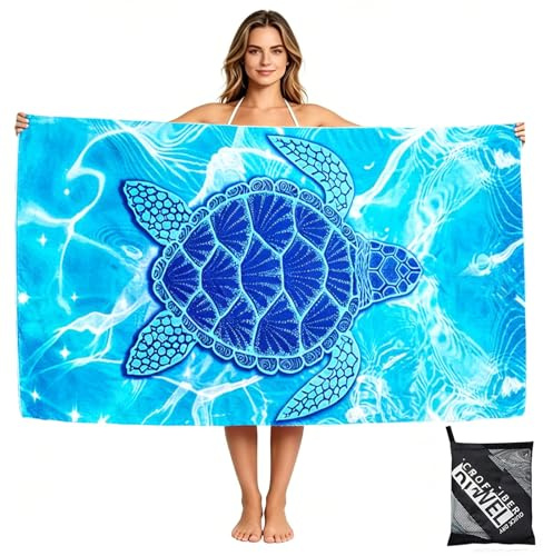 yayafunfun Large Quick Dry Microfibre Beach Towels for Adults, 160X90cm Blue Turtle Bath Towel Travel Towels with Pocket, Lightweight Beach Towel for Women Men Sun Lounger Travel Swim Holiday Sports