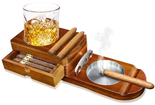 HNCY Posacenere in legno per sigari, Posacenere per sigari con vassoio per whisky e porta sigari, accessori per fumatori da uomo, regali per gli uomini per Ufficio e Tempo Libero o bar, compleanno