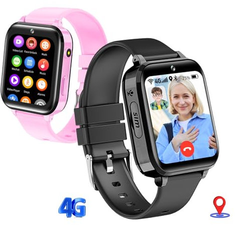 kaacly 4G Smartwatch Kinder mit und Telefon & HD Video, Sprachchat, Gesichtsentsperrung für Kinder, Kinder Smartwatch mit GPS 5–15 Jahren Jungen und Mädchen Geburtstagsgeschenke (Dull Black)