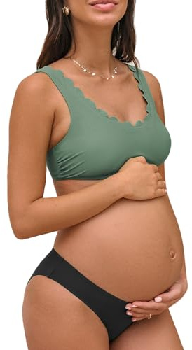 CUPSHE Women's Maternity Bikini Sets Pregnancy Swimsuit Low Rise Scalloped Scoop Neck Adjustable Straps Back Hook Swimwear