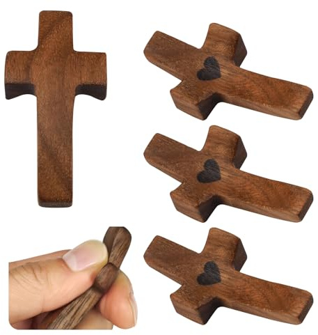 Ensemble de 5 Croix My Heart,Croix de poche en noyer, petite croix de prière à main de 2 pouces,Croix de palmier confortable en bois-cadeau d'encouragement religieux pendant la prière (5 pièces)