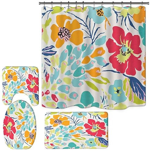 Duschvorhang Orange Blau Rot Badezimmermatte Verdickung Bad Teppiche Set, Duschvorhang Stoff+Bath Mat rutschfeste(50x80cm)+U-Typ Fußmatte Wasseraufnahme+Toilette Badmatte