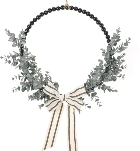 Wood Bead Eucalyptus Leaf Wreaths - 13 Inch Natural Greenery Wreaths Boho Wall Hanging Decoration for All Season Bedroom Room Rustic Farmhouse Home Indoor Outdoor Window Decor