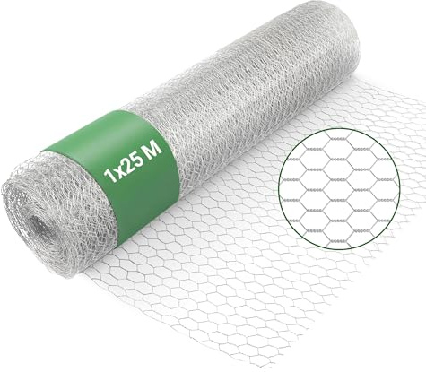 Wiltec Grillage de volière Acier Galvanisé – Mailles 25 mm Hexagonal Hauteur 1 m Longueur 25 m Fil Ø 0,7 mm – Lapin Grillage à poule Grillage animaux Terrasse Jardin Clôture Enclos
