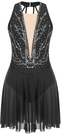 Robe de danse lyrique for femmes, jupes en maille, justaucorps de gymnastique de ballet, robes de patinage artistique sans manches, vêtements de danse de performance for adultes Pour Femme(Black,M)