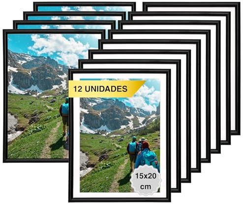 MARCOFOTO Set de 12 Marcos de Fotos 15x20 cm – Marcos de PVC Color Negro con Cristal – Ideales para Cuadros, Fotos o Diplomas – Decoracion de Pared en Casa u Oficina