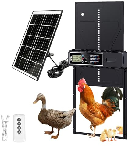 Puerta automática de gallinero con energía solar, puerta de gallinero con temporizador y modo manual, diseño antipellizcos, panel solar de 7 W, pantalla LCD, sensores inteligentes de obstáculos