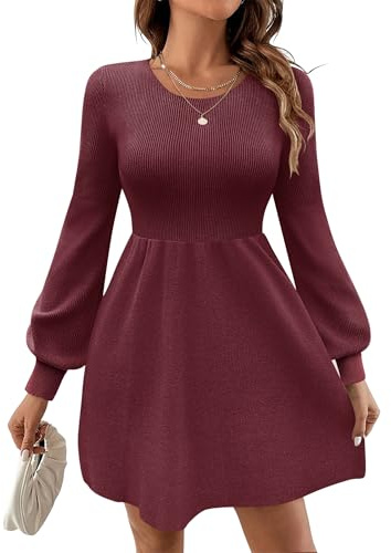 Zeagoo Abito Maglia Donna Girocollo Maniche Lunghe Elegante Vestito in Maglia con Maniche a Palloncino Vita Alta Linea A Minidress Rosso XXL