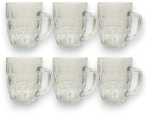 KORAT Set 6 Boccali da Birra in Vetro Decorato 200 ml Bicchieri con Manico, Dimensioni 12x9,5x14 cm, Stile Classico per Birra, Cocktail e Bevande Resistente e Festa di Piazza, Compleanni, Brocca Birra