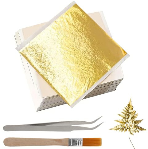 Realjoy 200 Hojas de Pan de Oro para Manualidades, Lámina de Oro de 13,5 X 13Cm con Pinzas y Pinceles, Papel Dorado para Decoración, Pintura y Manualidades, Uñas
