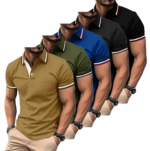 ZITY Polo para Hombre Paquete de 5 Polo Manga Corta Camiseta Golf Trabajo Transpirable Camiseta Informal con Bolsillo Verano 5 Pack T Shirt para Vacaciones
